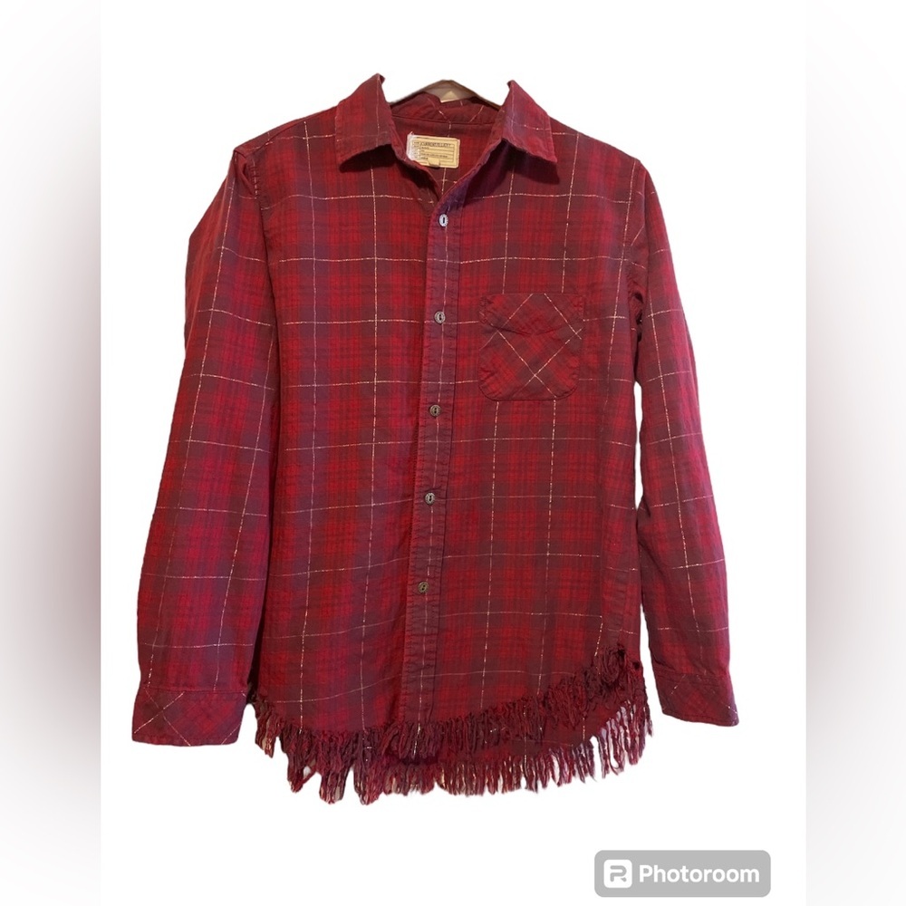 Current/Elliot Maroon Gold metallic fringe flannel long sleeve button top small